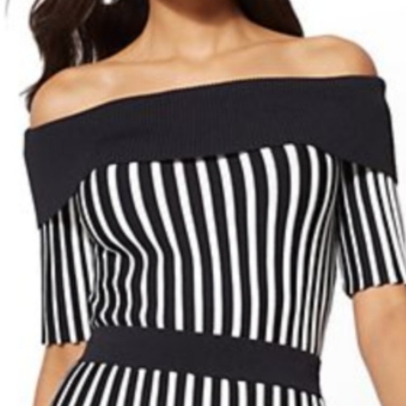 Black and White Stripped Off-the-Shoulder Sweater - Picture 1 of 4